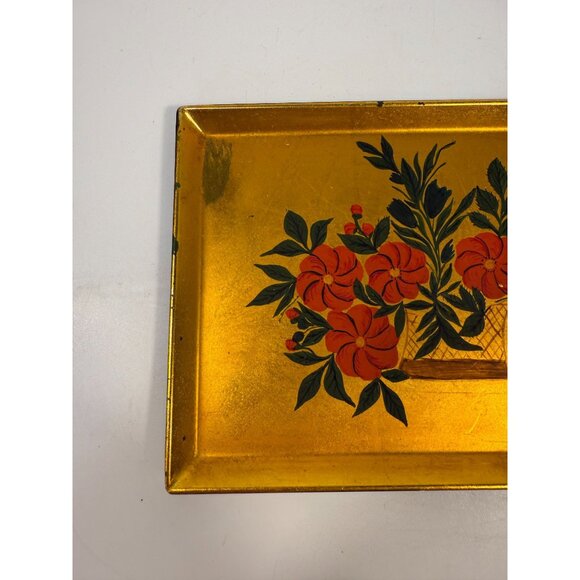 Floral Trinket Tray DIsh Catch All Japanese Laquerware Gold Leaf Hand Painted - Picture 7 of 16